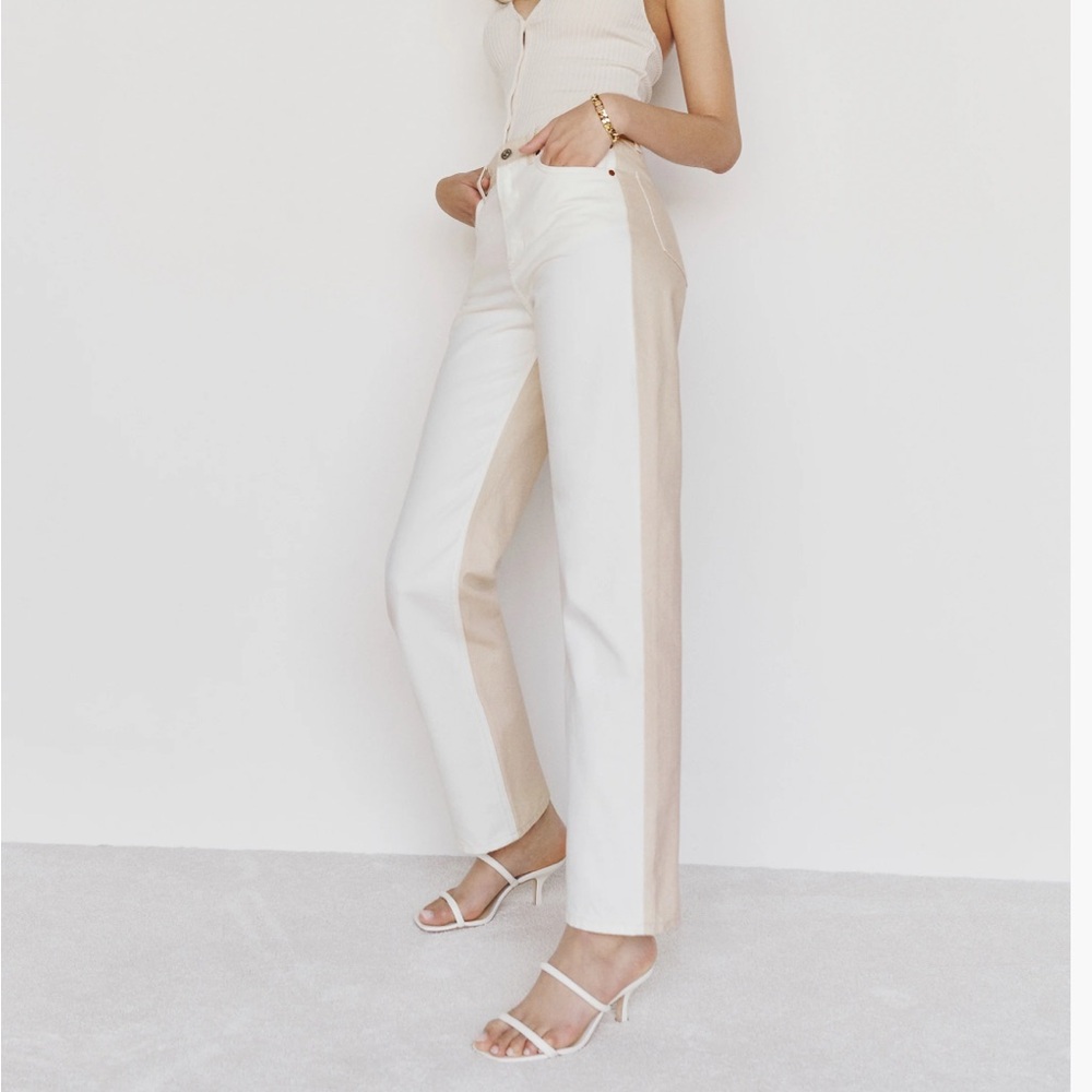 REFORMATION DENIM. Tonal Reworked Jeans. High Rise. Relaxed Straight Fit.